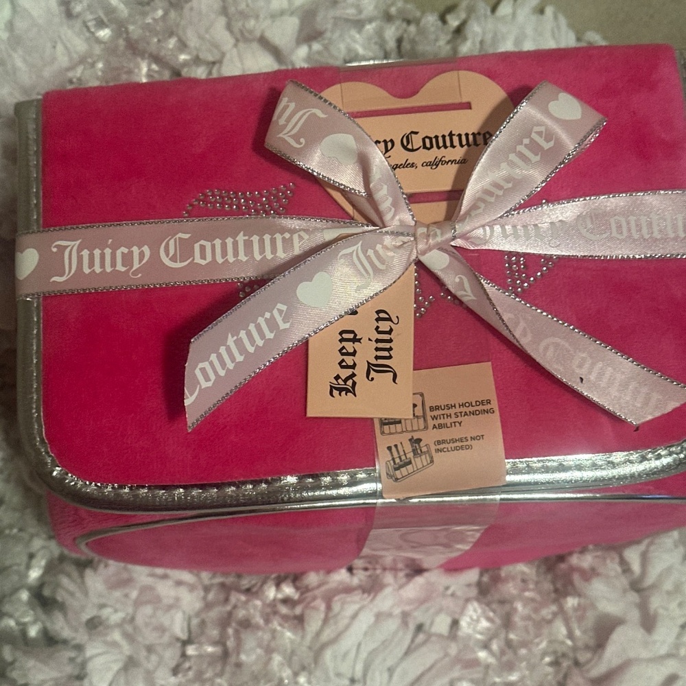 Pink velvet Juicy couture cosmetic bag and brush stand  set